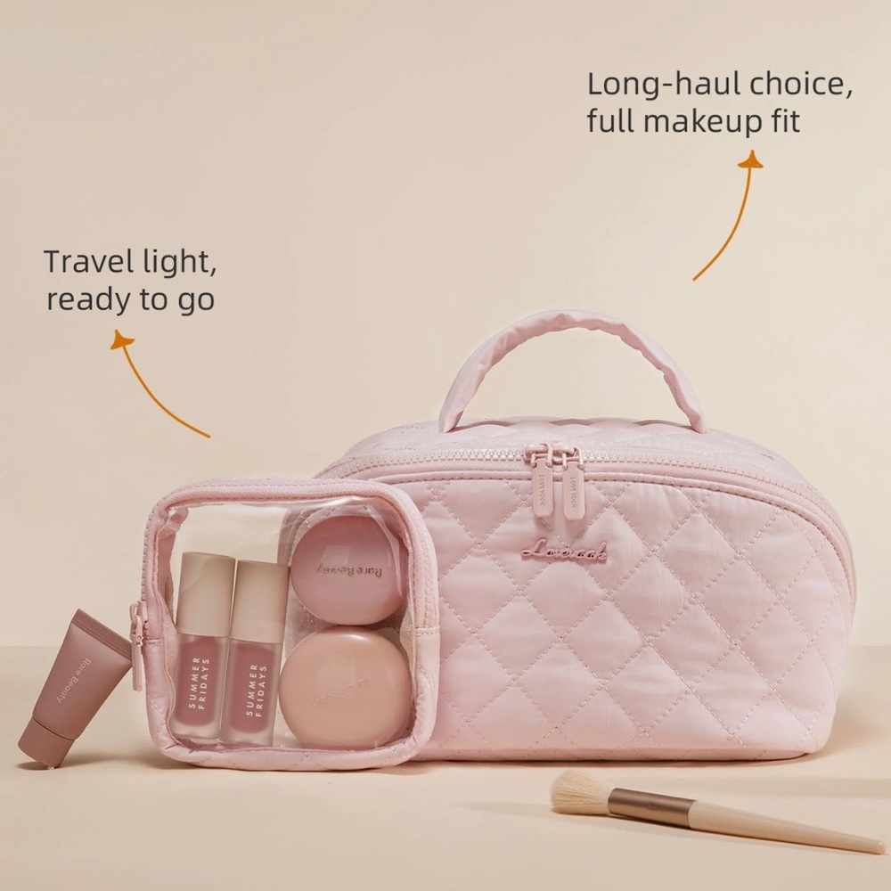 Lovevook Pink Quilted 2Pc Travel Makeup Bag